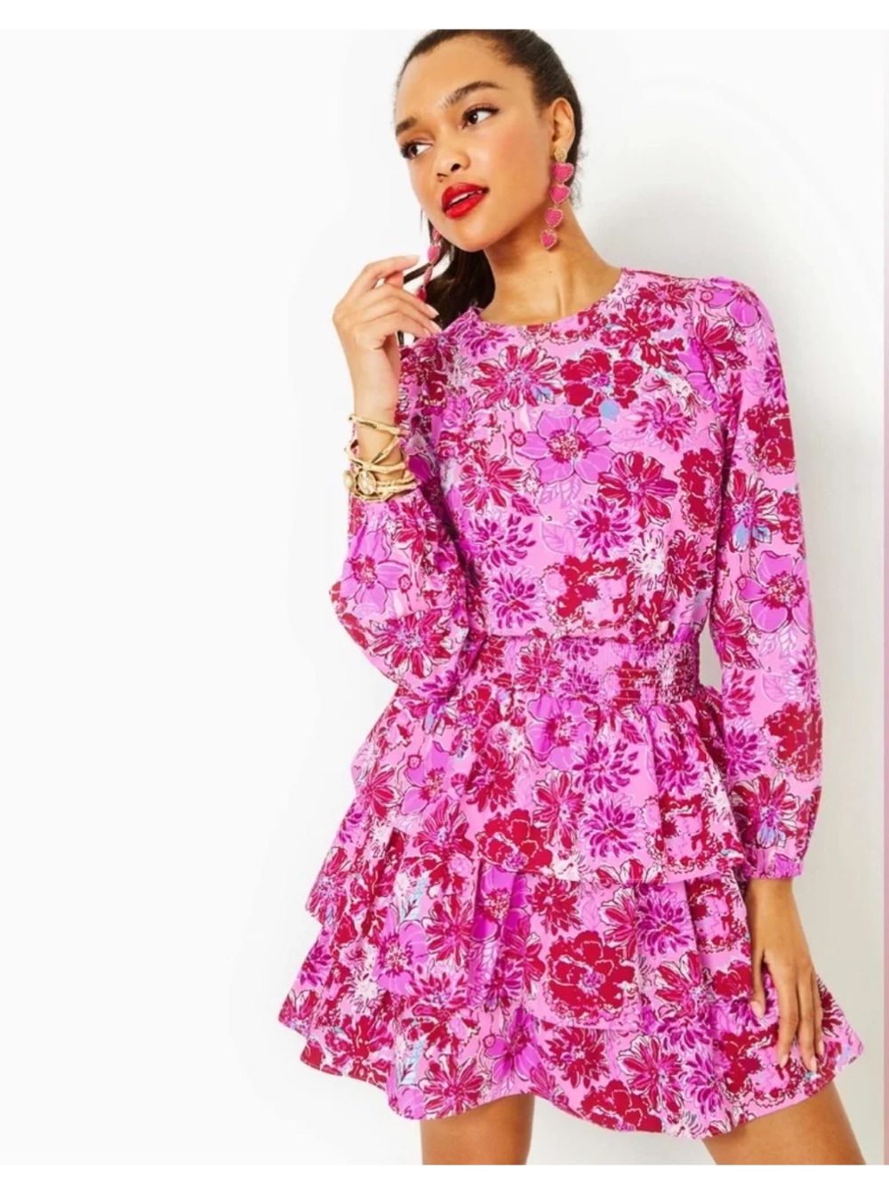 Lilly Pulitzer Khloey Smocked Long Sleeve Tiered Dress - Size 12